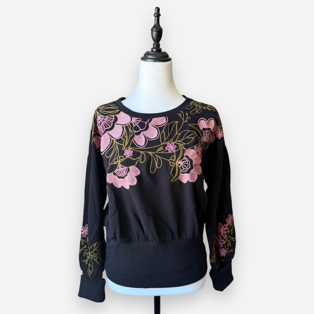 Anthropologie Black Floral Embroidered Sweatshirt Boho Pink Green M